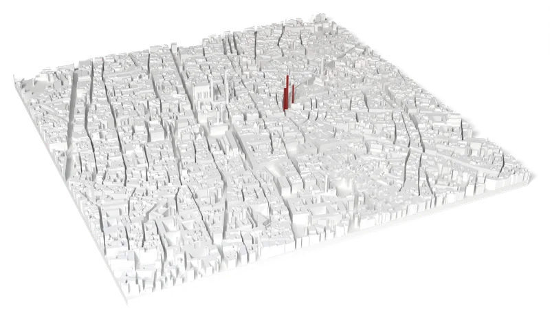 Mappa 3D di Bologna con Le Due Torri in rosso