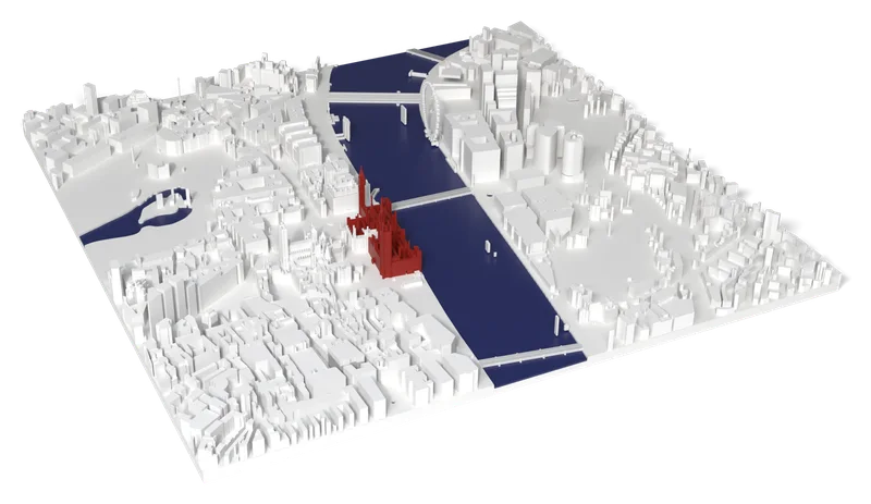 Mappa 3D di Londra con Big Ben e Palazzo di Westminster in rosso