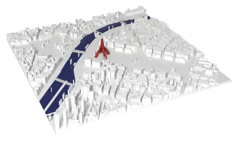 Mappa 3D di Parigi con Tour Eiffel in rosso