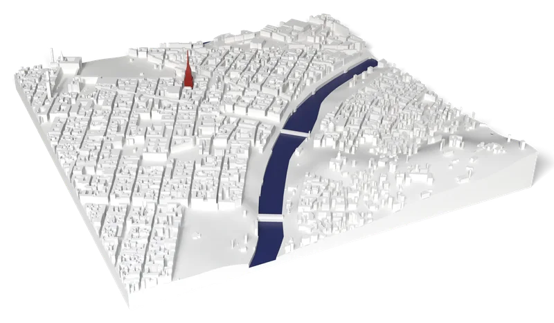 Mappa 3D di Torino con Mole Antonelliana in rosso