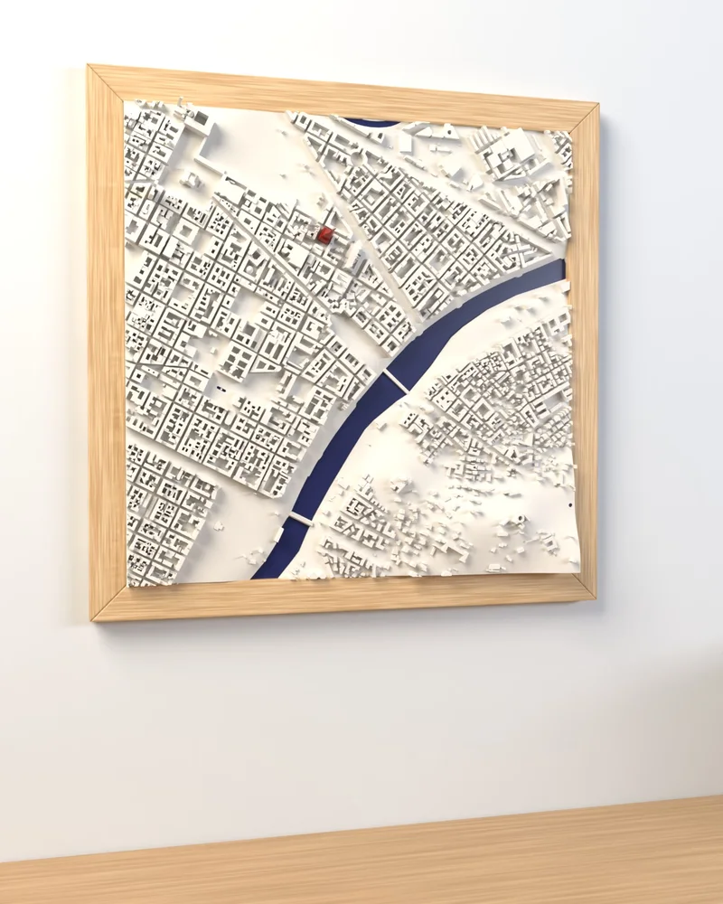 La mappa di Torino in cornice di rovere, appesa a una parete